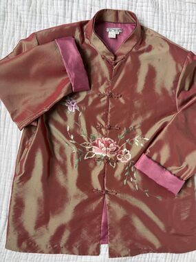 Grace Chuang Silk Embroidered Jacket Mandarin Collar XL Floral